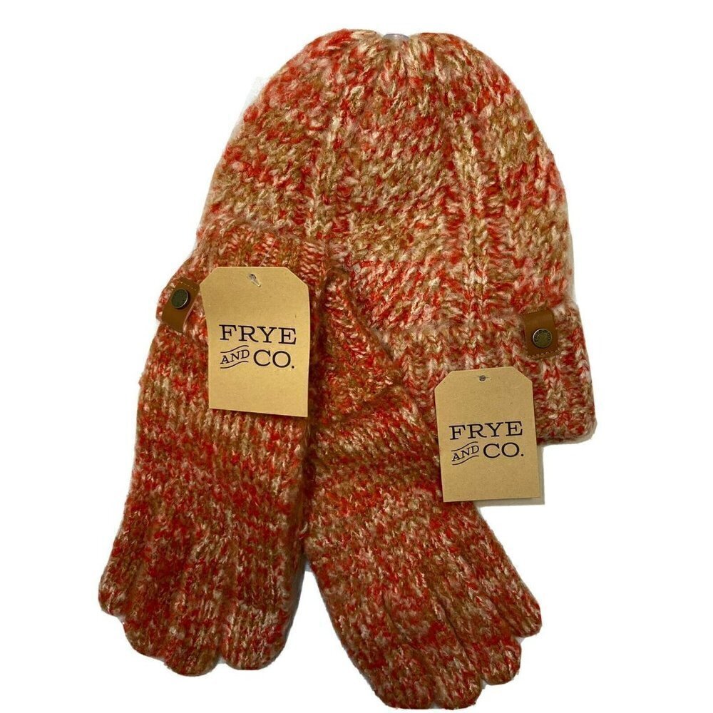 Frye & Co NWT Scarlet Space Dye Beanie & Matching Gloves w/Cuff Coral Tan Cream